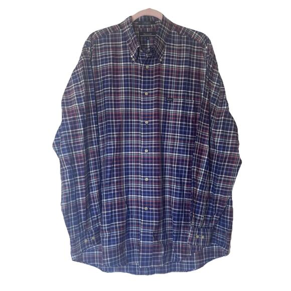 FACONNABLE NAVY PLAID LOGO BUTTON DOWN MENS SHIRT XL EUC - Picture 1 of 7